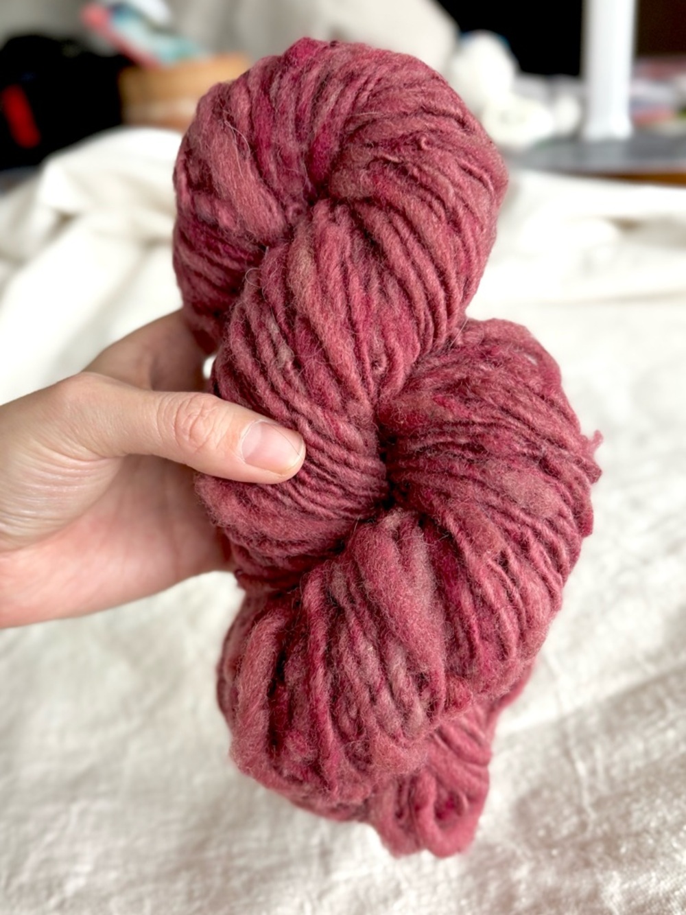 raspberry artisan wool yarn thick thin handspun bulky deep pink 82g